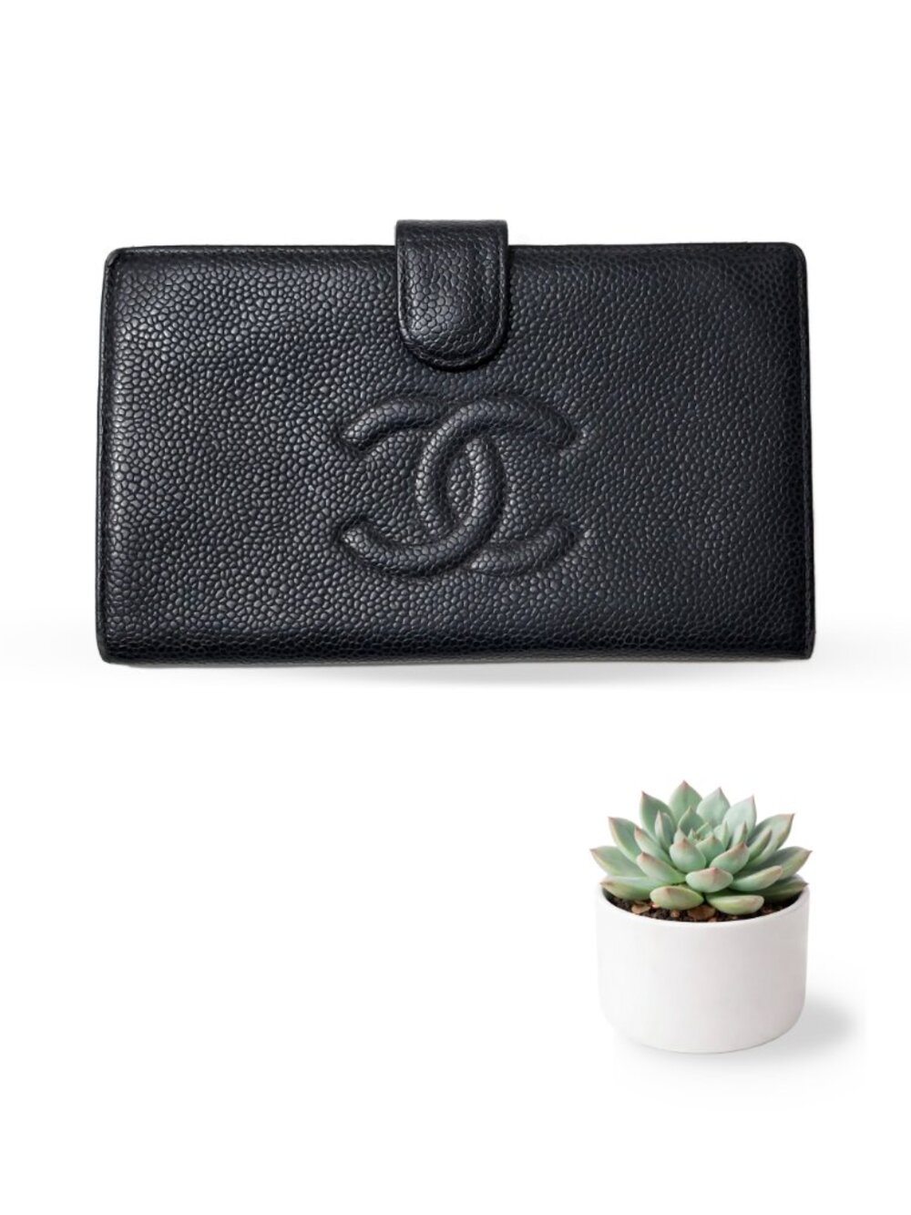 CHANEL Caviar Leather Long Wallet Kisslock Vintage Black CC Logo Made in France